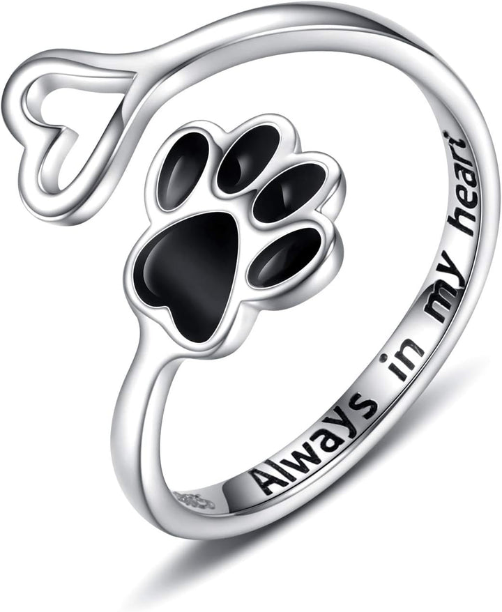 Handcrafted Paw Print Heart 925 Sterling Silver Adjustable Ring