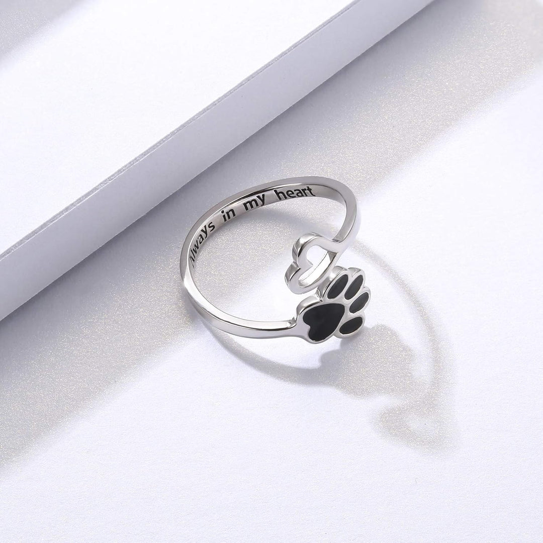 Handcrafted Paw Print Heart 925 Sterling Silver Adjustable Ring