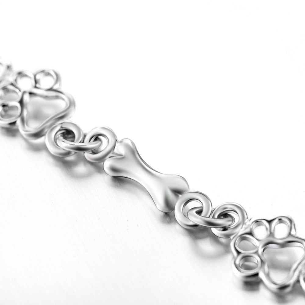 Bracelet with Dog Paw and Bone Charms Made of Pure Silver