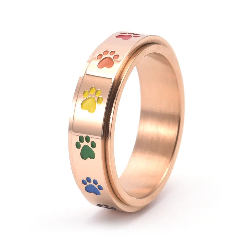 Rotatable Anti-Stress Ring with Paws – Stainless Steel Ring with Rainbow Colors